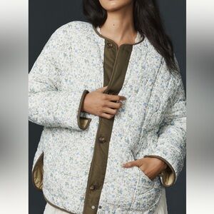 Anthropologie tiny flowers reversible green Puffer Coat